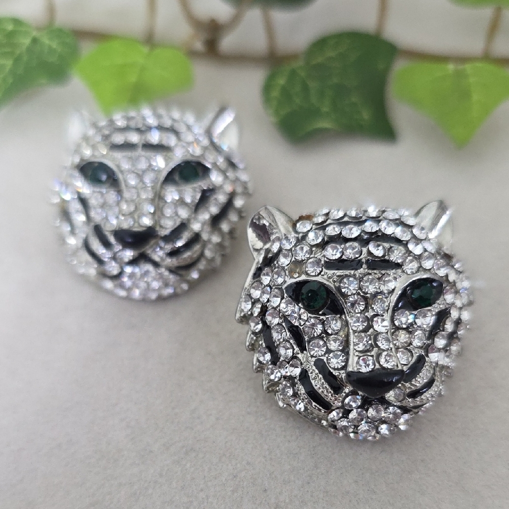 Statement Silver Pave Rhinestone Tiger Head Luxe Earrings